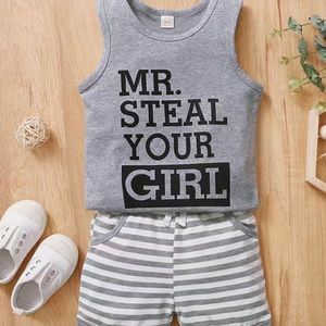 NEW!!! Letter Print Tank Top & Striped Shorts Set for Boy 9-12 M